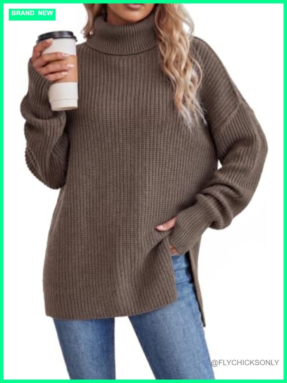 Wool Blend Oversized Turtleneck Sweater with Thumbhole Cuffs